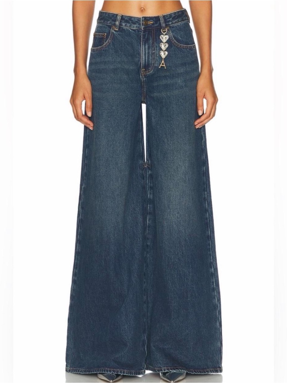 AREA Dark Blue High-Waist Wide Leg Jeans with Heart Charm Size 28